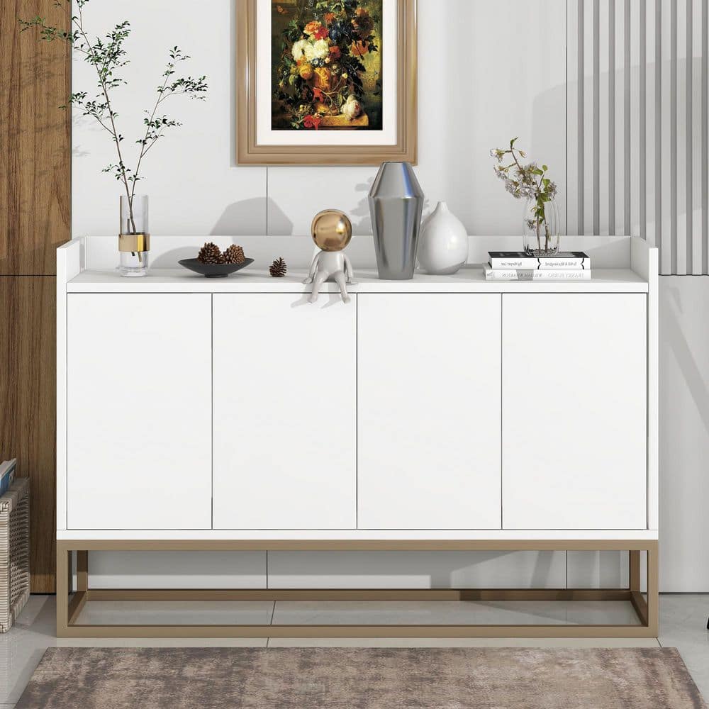 White Wood 47.2 in. Side Board with 4-Doors