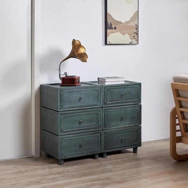 Geraint Blue Transitional 6 - Drawer Nightstand with Paulownia Wood Tracks Set of 3