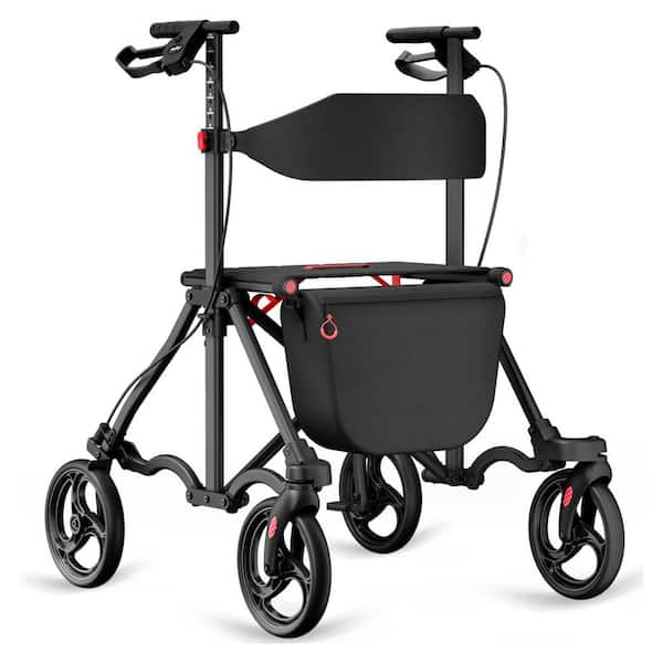 4-Wheel Rollator Walker with Seat in Black, Foldable Travel Rolling Walker, 300 lbs. Capacity, Lightweight Compact