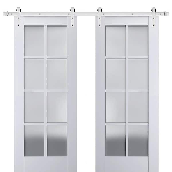 42 in. x 96 in. 2 Panel Frosted Glass White Solid Wood Sliding Barn Door with Hardware Kit