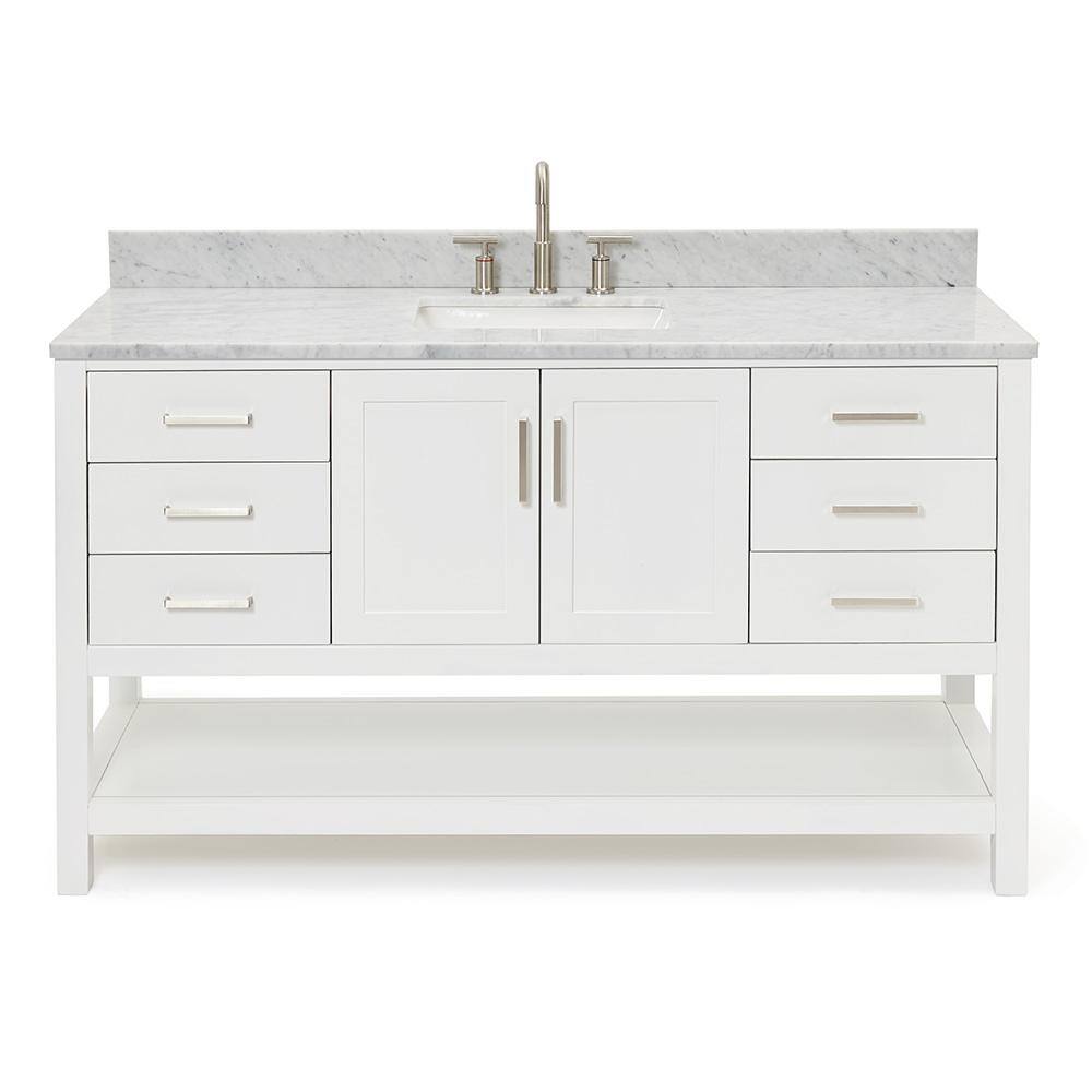 Magnolia 61" White Solid Wood Bathroom Vanity with Marble Top