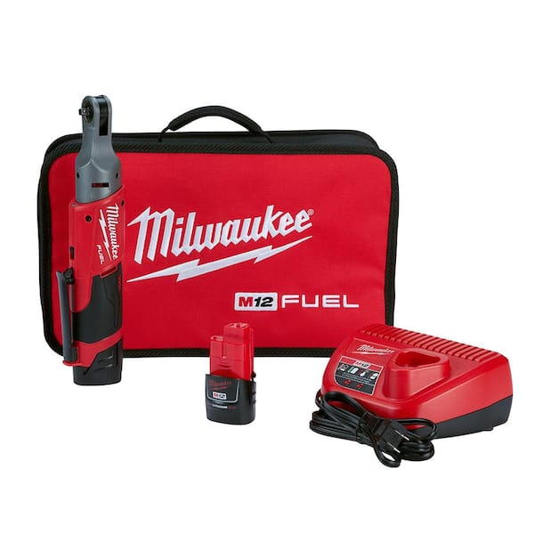 Milwaukee M12 FUEL 12V Lithium-Ion Brushless Cordless 1/4 in. Ratchet Kit W/ (2) 2.0Ah Batteries, Charger & Tool Bag