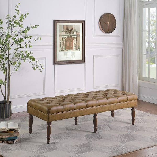 Long Light Brown Vegan Leather 64.25 in. Bedroom Bench Backless with Tufting