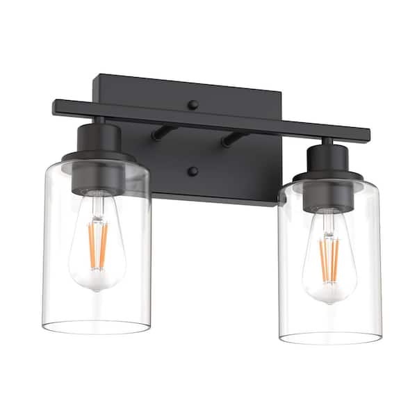 13 in. Industrial 2-Light Matte Black Farmhouse Vanity Light with Glass Shades for Bathroom