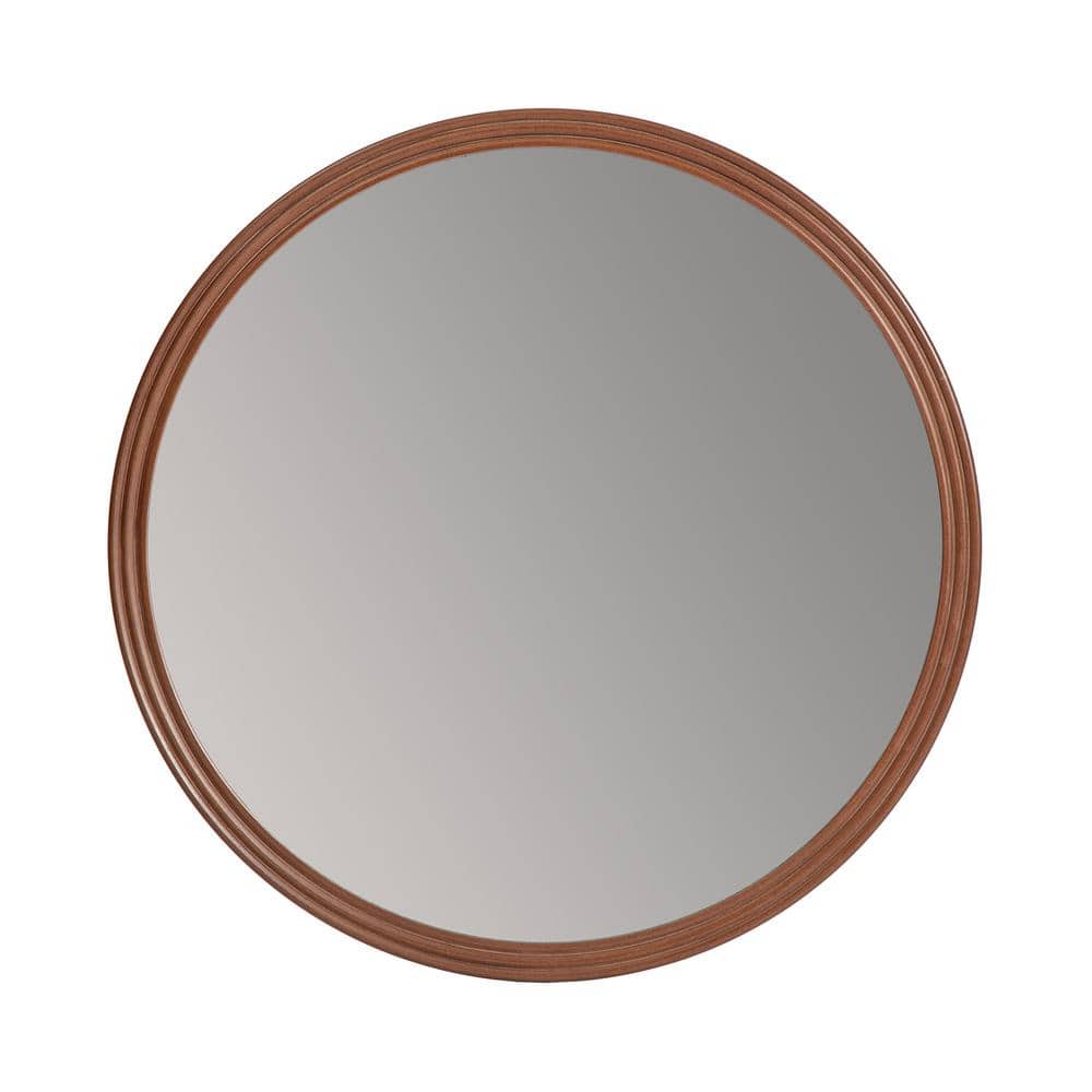 30-Inch Round Frameless Brown Wooden Wall Mirror