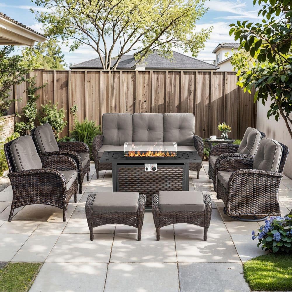 SleekArm 9-Piece Brown Wicker Fire Pit Conversation Set with Olefin Gray Cushions and Patio Swivel Chairs price history on PriceWatchPro