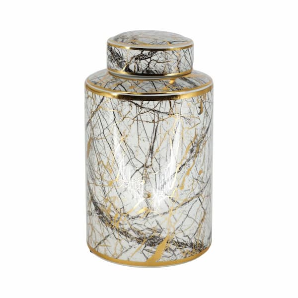 Liv & Skye 12 in. White Ceramic Jar with Gold Lid