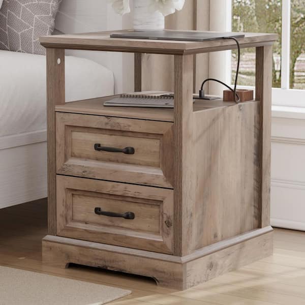 Hommpa Farmhouse Gray/Wash 2-Drawer 17.7 in. W Nightstand with Charging Station and Open Shelf