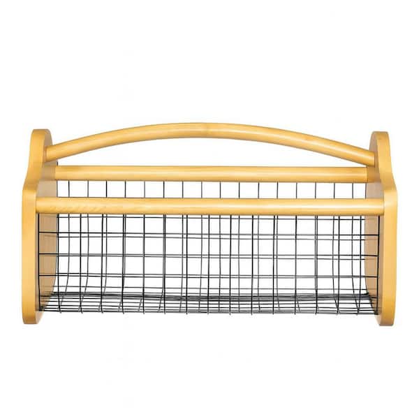 Natural Curved Handle Basket 19 in. x 11 in. x 9 in. Pine Wood and Metal Fruit Basket Set of 1