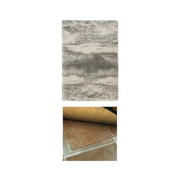 Stormy Gray 10 ft. x 12 ft. Abstract Area Rug and Outdoor 9 ft. x 12 ft. Non-Slip Rug Pad Combo