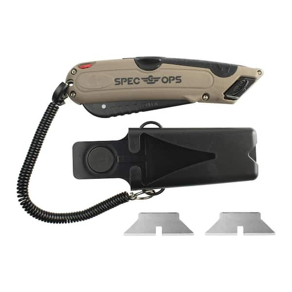 SPEC OPS Safety Knife Box Cutter with Self-Retracting Blade, Includes Holster & Lanyard