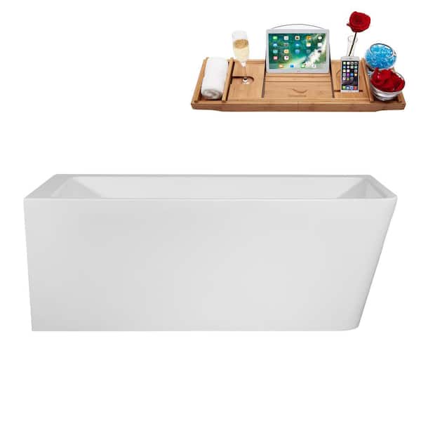 Streamline 59 in. x 29 in. Acrylic Freestanding Soaking Bathtub in Glossy White with Matte Oil Rubbed Bronze Drain, Bamboo Tray