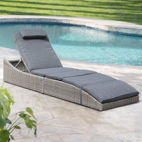 Freestyle 1-Piece Folding Adjustable Wicker Outdoor Chaise Lounge Chair with Dark Gray Cushion