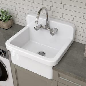 24 in. W x 20 in. D Wall Mount Laundry/Utility Sink in White Floating Farmhouse Ceramic Sink with Overflow and Strainer