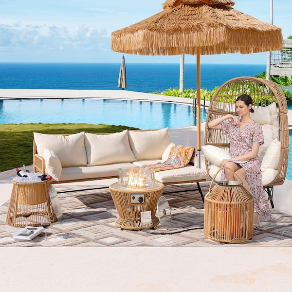 FINCATI Boho 5-Piece Beige Wicker Patio Two Seater Chair Sets with Egg Chair Firepit Table and Beige Cushions