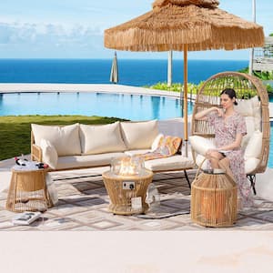 Boho 5-Piece Beige Wicker Patio Two Seater Chair Sets with Egg Chair Firepit Table and Beige Cushions