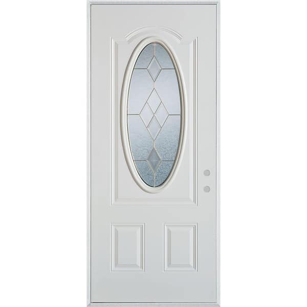 Stanley Doors 32 in. x 80 in. Geometric Brass 3/4 Oval Lite 2-Panel Painted White Left-Hand Inswing Steel Prehung Front Door