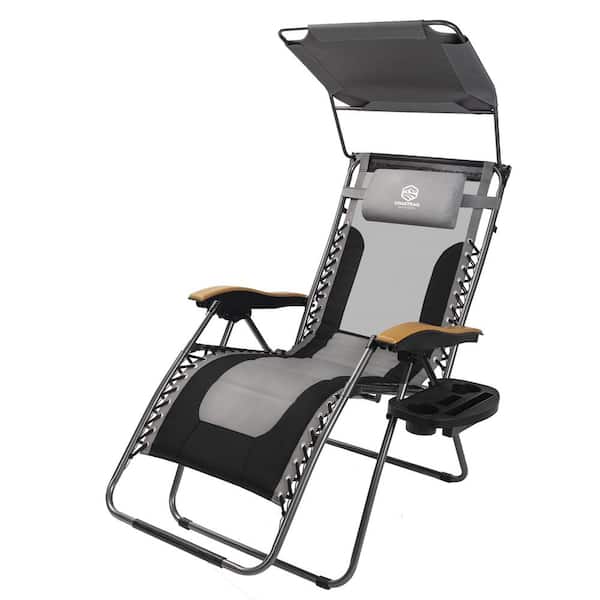 Kahomvis Gray Steel Outdoor Patio Zero Gravity Reclining Lounge Chair with Adjustable Sun Shade and Black Cushion