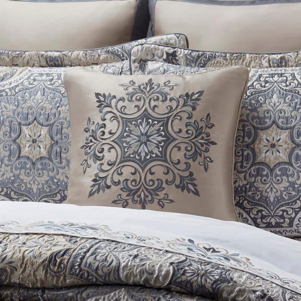 Taupe Satin Embroidered Square Throw Pillow 18"