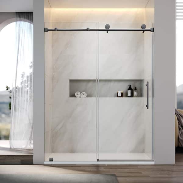 UKS03 60 in. W x 76 in. H Sliding Frameless Shower Door in Matte Black with Enduro Shield 5/16 in. SGCC Clear Glass