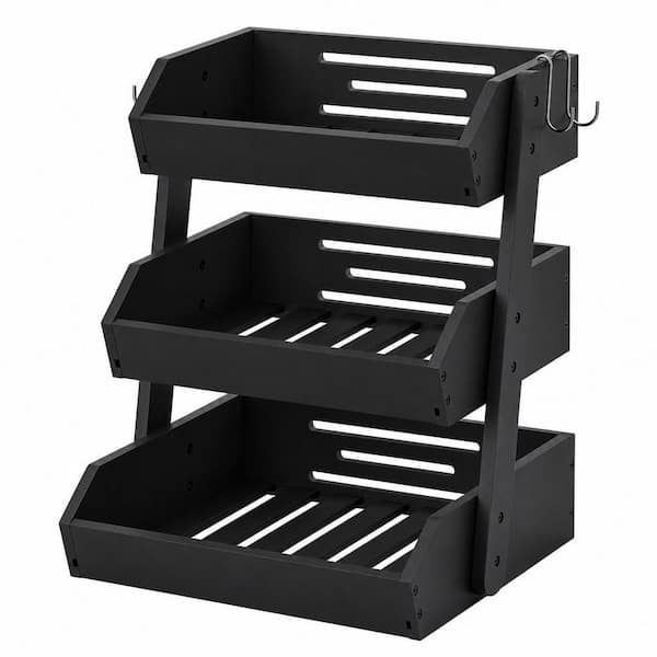 1 Piece 3-Tier with Banana Hangers Bamboo Fruit Basket Kitchen Storage Set in Black for Family Kitchen Counter