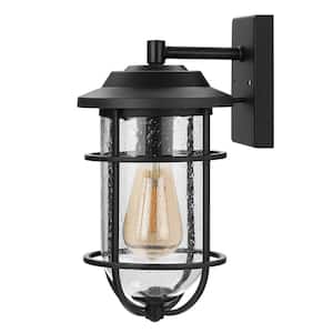 Matte Black Outdoor Hardwired Wall Lantern Sconce with Seeded Glass and No Bulbs Included