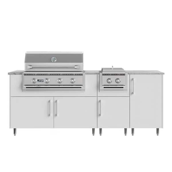 Golden Sky 86.5 in. W 4-Burner Propane Grill Island in Miami Shell White with Side Burner, Cabinet