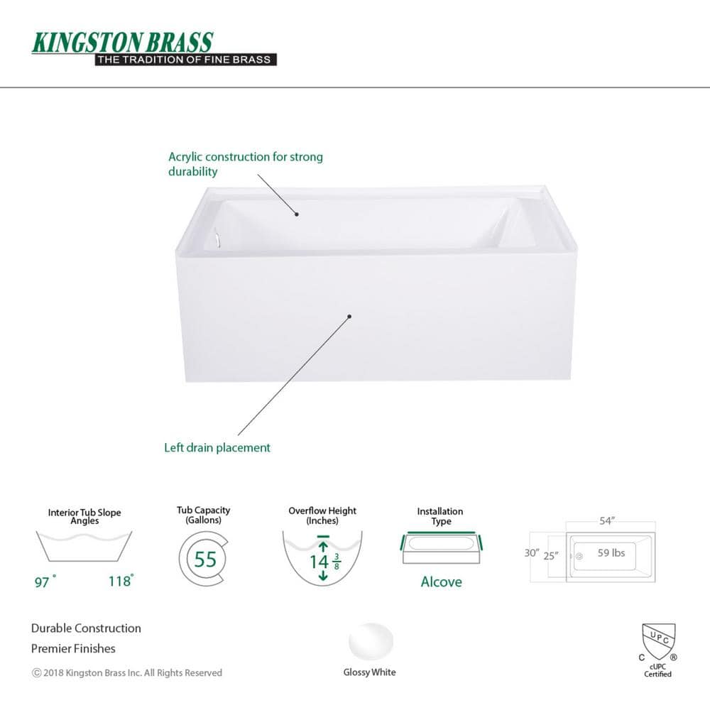 Aqua Eden 54-Inch White Acrylic Alcove Tub with Left Hand Drain