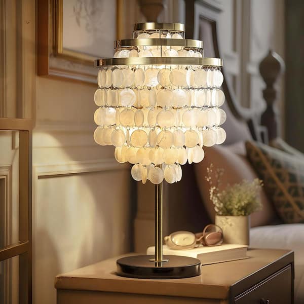 ALOA DECOR 28 in. Tall 3-Lights E12 Coastal Capiz Seshells Table Lamp with Tiered Natural White Shells Shade in Antique Brass