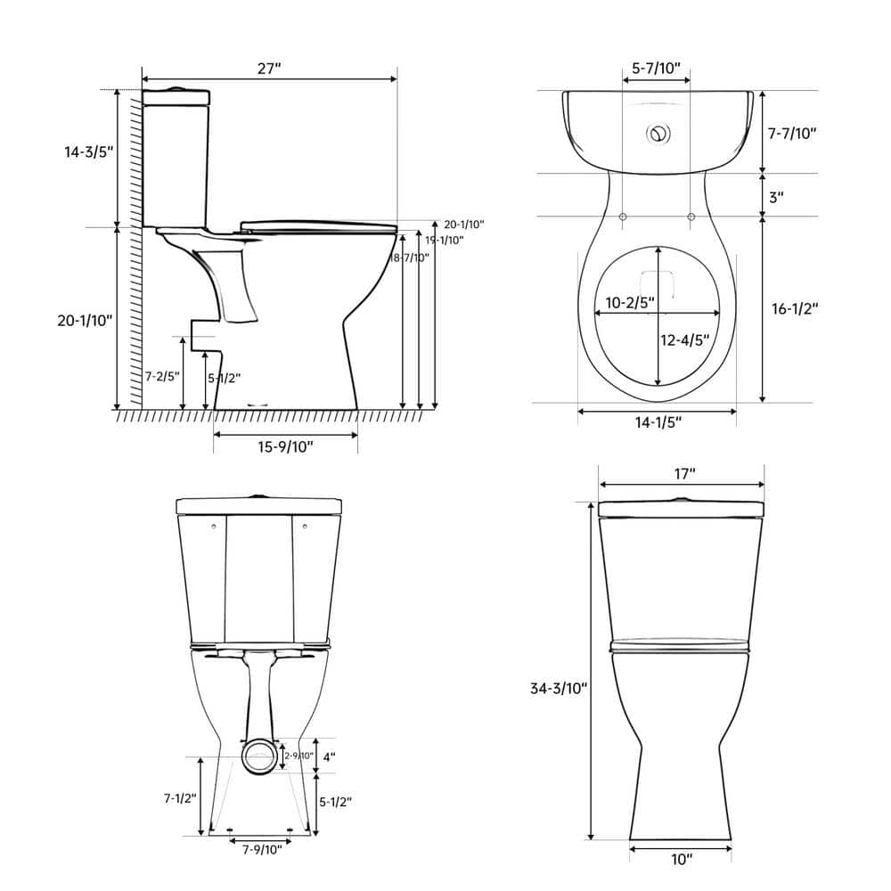 19 in. Tall White Ceramic Two-Piece Dual Flush Toilet