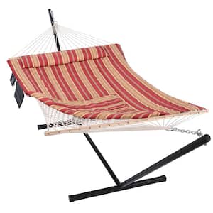 10 ft. x 12 ft. Quilted Rope Hammock and 12 ft. Steel Stand with Detachable Pillow, Red Stripe