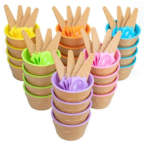 24 Pack Reusable Plastic Ice Cream Dessert Cups with Spoons, 3.8 in Diameter, 6 Colorful Cartoon Candy