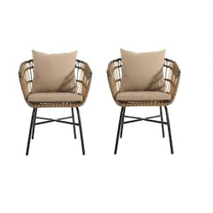 Set of 2, rattan outdoor lounge chair with cushions and pillows for patio, deck, yard, beige