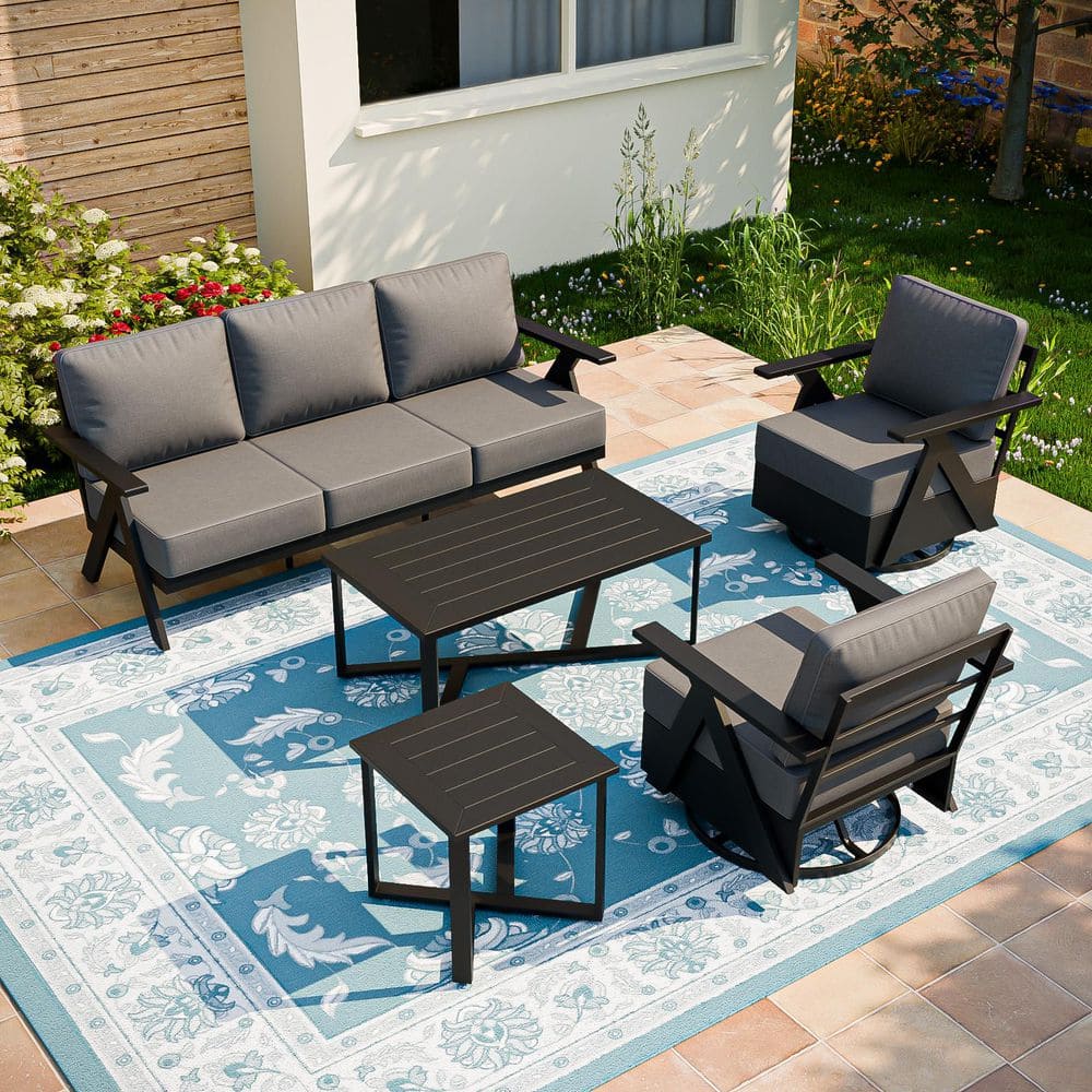 5-Piece Black Aluminum Patio Conversation Set Swivel Chair with Gray Cushions and Coffee Table price history on PriceWatchPro