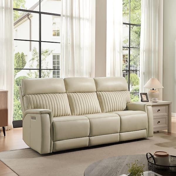 Mia 83.5 in. Pillow Top Arm Leather Rectangle Power Reclining Sofa with Zero Gravity, Headrest and Lumbar in. Cream