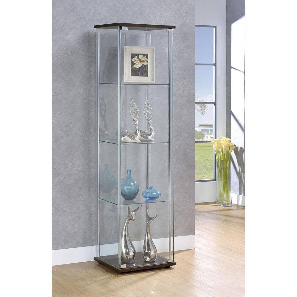 Transitional Cappuccino and Chrome Lighted Curio Cabinet with Glass Shelves