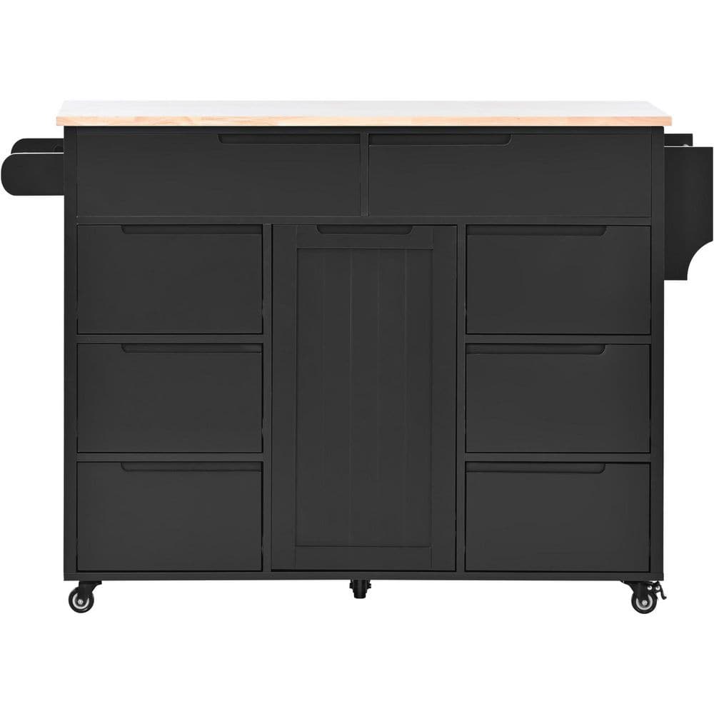 Black Rubber Wood Kitchen Cart with Spice Rack and Towel Rack