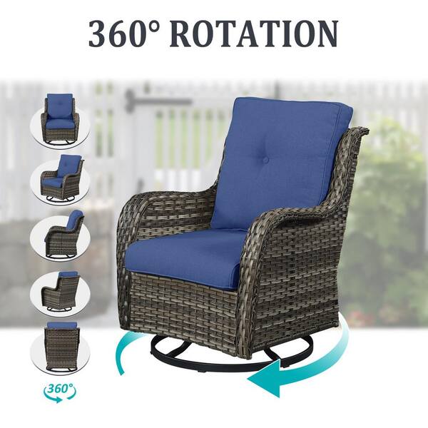ArcoBay 5-Piece Gray Wicker Outdoor Rocking Swivel Chairs Patio Conversation Set with Navy Blue Cushions and Ottomans