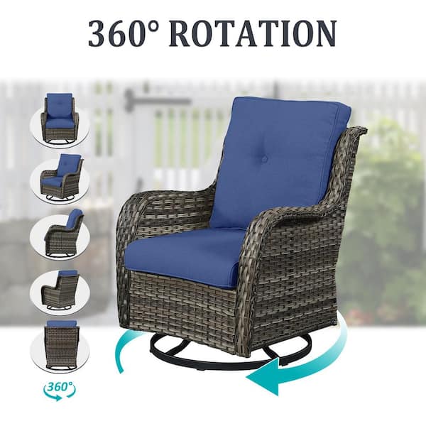 ArcoBay 5-Piece Gray Wicker Outdoor Rocking Swivel Chairs Patio Conversation Set with Navy Blue Cushions and Ottomans