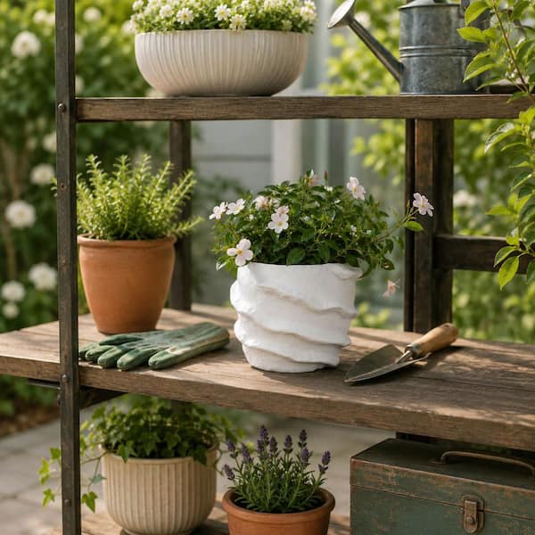 White Ceramic Round Flutter Trim Decorative Planter (7 in. W x 5.25 in. H)