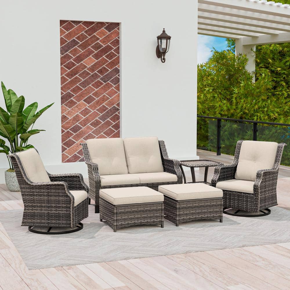Brown Wicker 6-Piece Outdoor Patio Conversation Set with 2 Swivel Rocking Chairs and Beige Cushions price history on PriceWatchPro