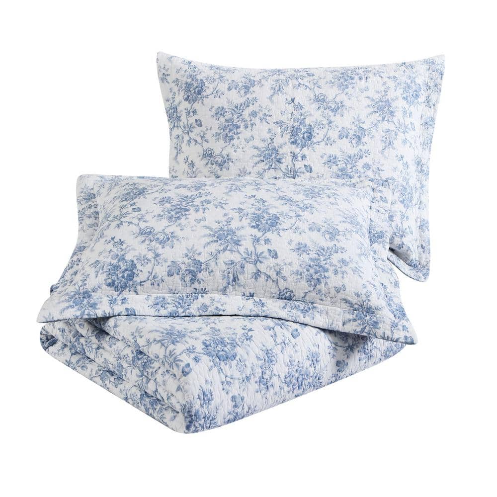 Blue and White Cotton Reversible Floral Quilt Set