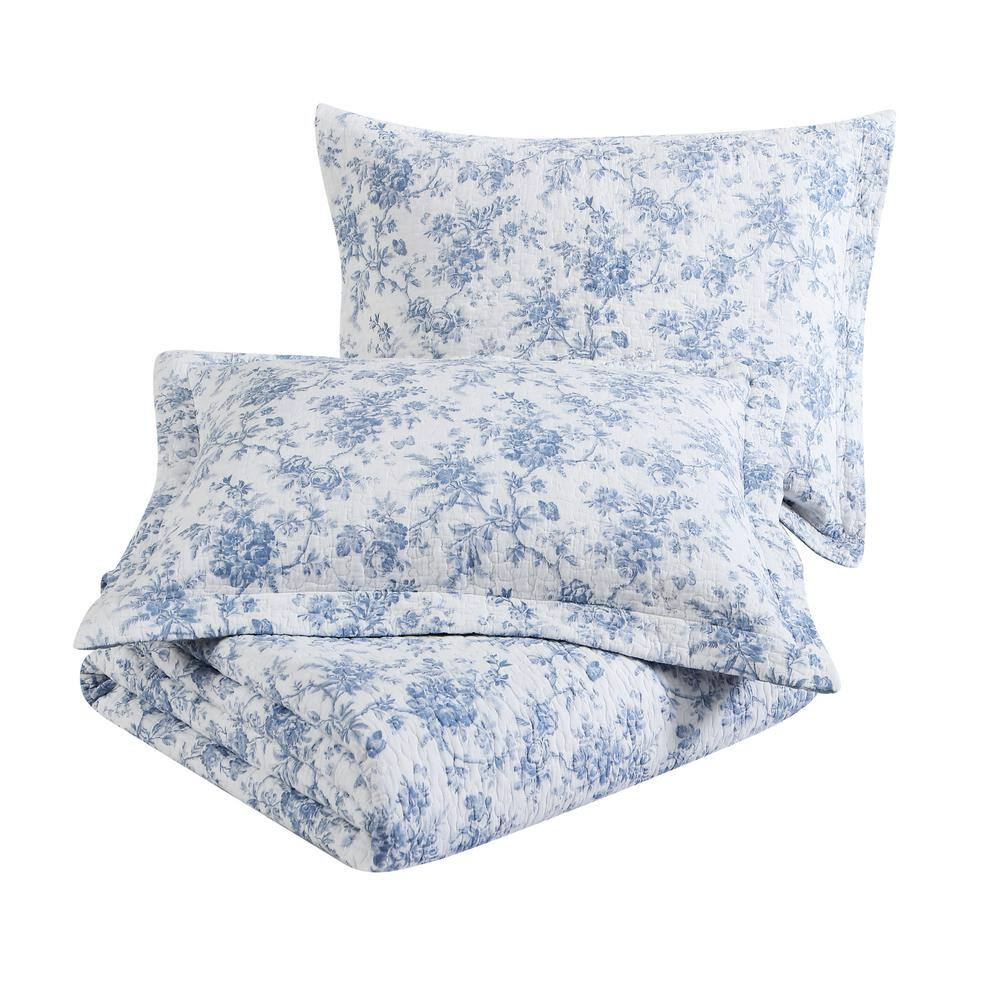 Laura Ashley Blue Floral Cotton King Reversible Quilt Set