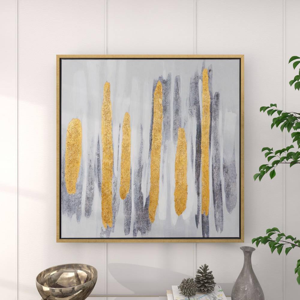 XL Gray and Gold Abstract Canvas Wall Art with Metal Frame