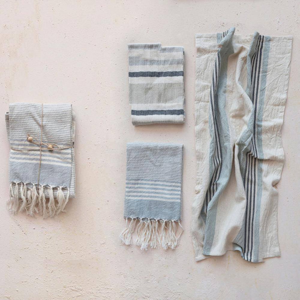 Striped Cotton Tea Towels with Fringe, Set of 3