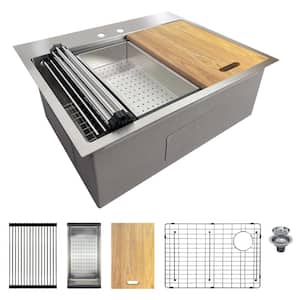 Workstation 27 in. Drop-in Single Bowl Stainless Steel 2-Hole Kitchen Sink with Accessories