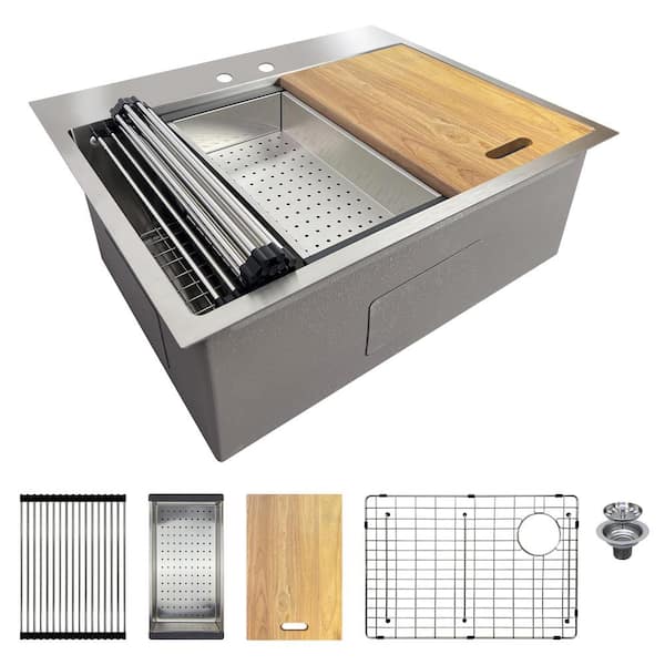 Transolid Workstation 27 in. Drop-in Single Bowl Stainless Steel 2-Hole Kitchen Sink with Accessories
