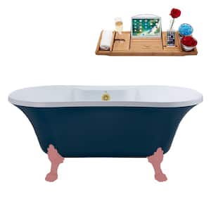 60 in. x 32 in. Acrylic Clawfoot Soaking Bathtub in Matte Light Blue with Matte Pink Clawfeet and Brushed Gold Drain