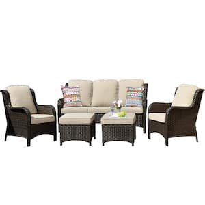 New Kenard Brown 5-Piece Wicker Outdoor Patio Conversation Seating Set with Beige Cushions