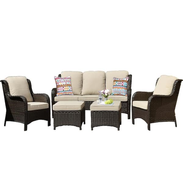 OVIOS New Kenard Brown 5-Piece Wicker Outdoor Patio Conversation Seating Set with Beige Cushions